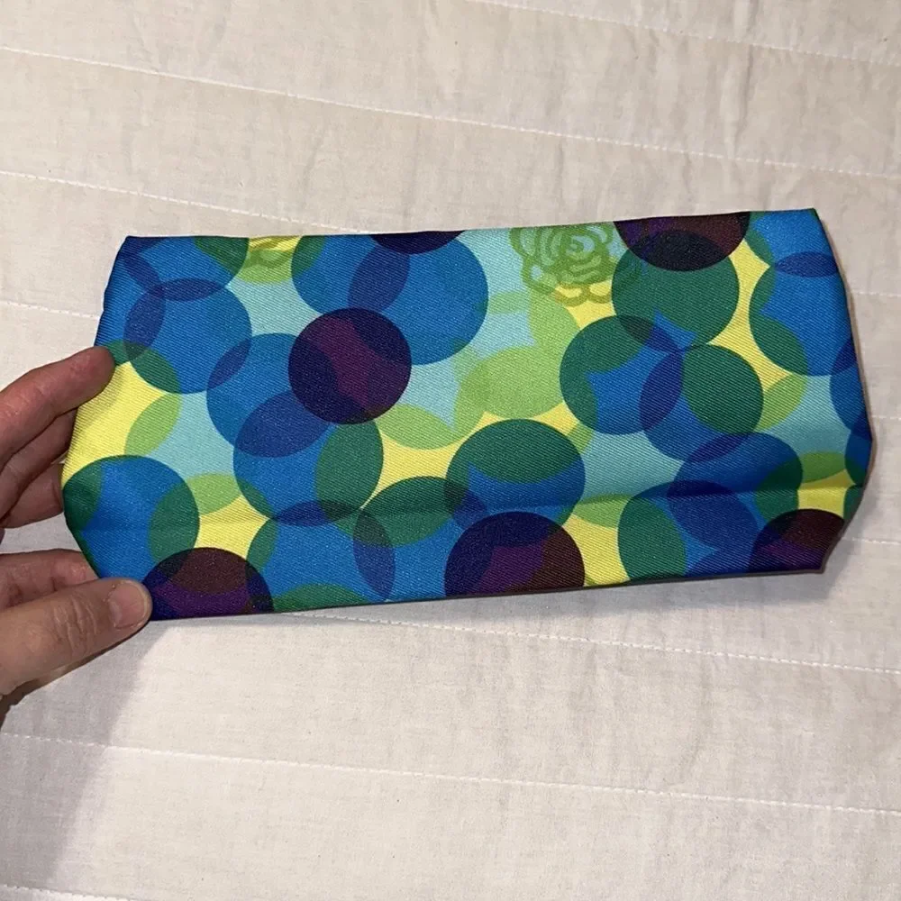 Lancome Paris Green Blue Yellow Purple Floral Circles Make up Cosmetic Zip Bag